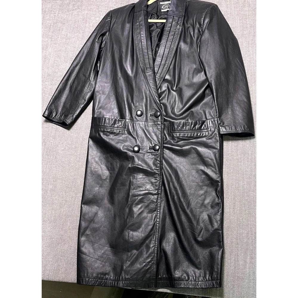 Global Identity G-III Leather Trench Coat Womens Small Black Double Breasted VTG